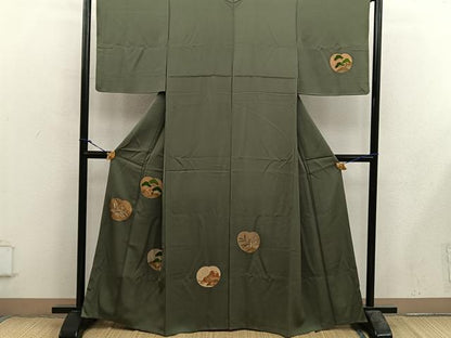 平和屋着物■訪問着　駒刺繍　草葉松文　正絹　逸品　BAAX5616mz