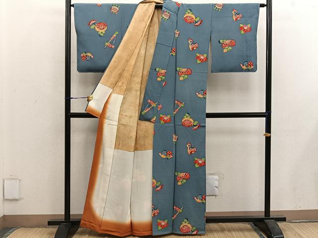 平和屋着物■上質な小紋　型染め　動物花文　正絹　逸品　BAAX5619mz