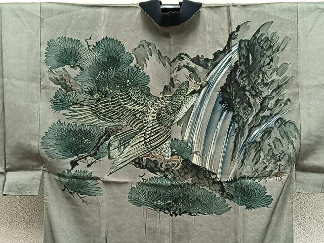 平和屋着物■男性　長襦袢　単衣　鷹　金彩　正絹　逸品　BAAX5637mz