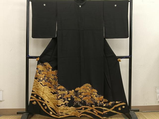 平和屋着物■豪華黒留袖　駒刺繍　松　金彩　正絹　逸品　BAAX5639mz