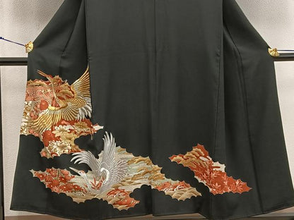 平和屋着物■豪華黒留袖　刺繍　飛鶴花文　金銀糸　正絹　逸品　BAAX5667mz