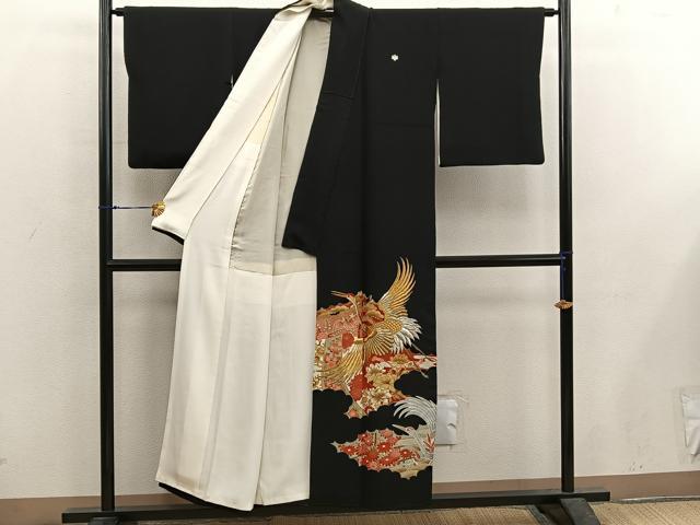 平和屋着物■豪華黒留袖　刺繍　飛鶴花文　金銀糸　正絹　逸品　BAAX5667mz