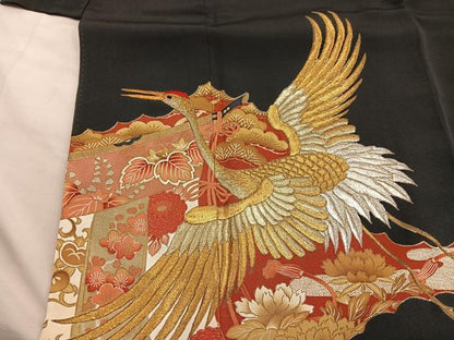 平和屋着物■豪華黒留袖　刺繍　飛鶴花文　金銀糸　正絹　逸品　BAAX5667mz