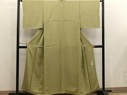 平和屋着物●本加賀友禅作家　毎田仁郎　色無地　草葉地紋　枯草色　反端付き　正絹　逸品　BAAX5726mz