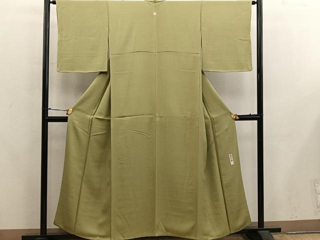 平和屋着物●本加賀友禅作家　毎田仁郎　色無地　草葉地紋　枯草色　反端付き　正絹　逸品　BAAX5726mz