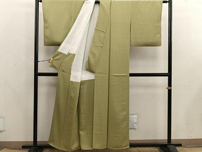 平和屋着物●本加賀友禅作家　毎田仁郎　色無地　草葉地紋　枯草色　反端付き　正絹　逸品　BAAX5726mz
