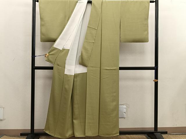 平和屋着物●本加賀友禅作家　毎田仁郎　色無地　草葉地紋　枯草色　反端付き　正絹　逸品　BAAX5726mz