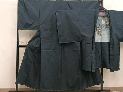 平和屋着物●男性　紬　アンサンブル　キングサイズ　黒緑色　正絹　逸品　BAAX5752mz