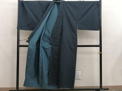 平和屋着物●男性　紬　アンサンブル　キングサイズ　黒緑色　正絹　逸品　BAAX5752mz
