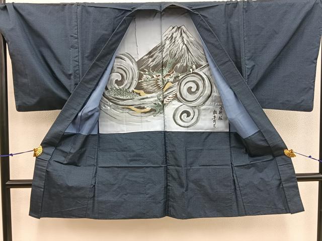 平和屋着物●男性　本場大島紬　アンサンブル　80亀甲　総詰め　羽裏：龍　正絹　逸品　BAAX5767mz