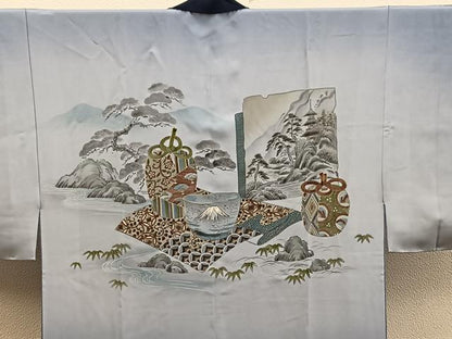 平和屋着物●男性　紬　アンサンブル　キングサイズ　襦袢セット　絣文様　正絹　逸品　未使用　BAAX5772mz