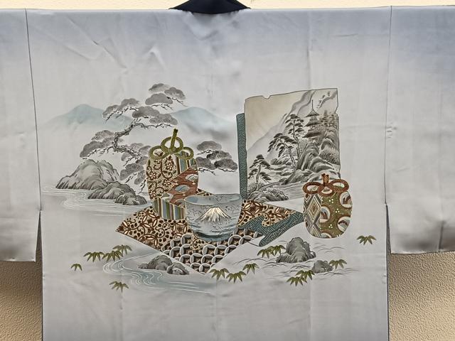 平和屋着物●男性　紬　アンサンブル　キングサイズ　襦袢セット　絣文様　正絹　逸品　未使用　BAAX5772mz