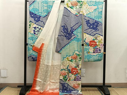 平和屋着物■豪華振袖　駒刺繍　檜扇牡丹花文　正絹　逸品　BAAX5778mz