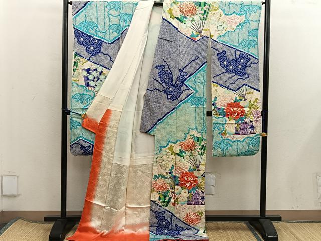 平和屋着物■豪華振袖　駒刺繍　檜扇牡丹花文　正絹　逸品　BAAX5778mz