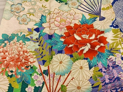 平和屋着物■豪華振袖　駒刺繍　檜扇牡丹花文　正絹　逸品　BAAX5778mz