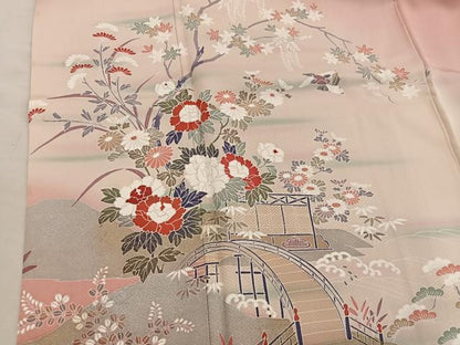 平和屋着物■訪問着　渡橋花鳥文　暈し染め　金彩　正絹　逸品　BAAX5787mz