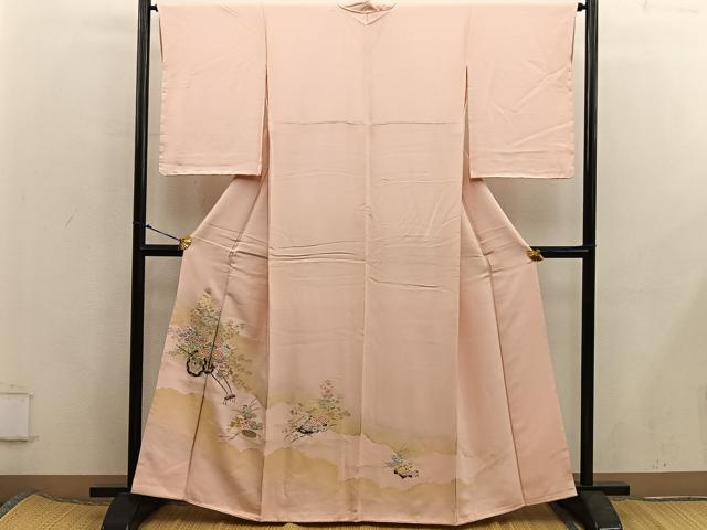 平和屋着物■色留訪問着　寿光織　御所車花文　金糸　正絹　逸品　BAAX5788mz
