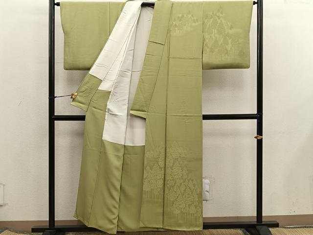 平和屋着物■無地絵羽訪問着　樹林地紋　青朽葉色　正絹　逸品　BAAX5797mz