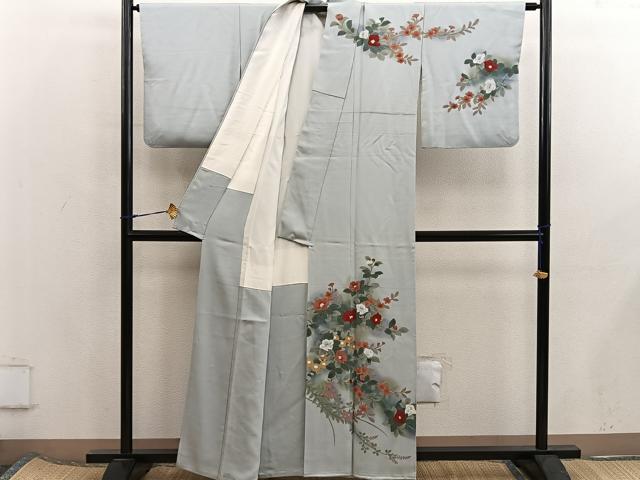 平和屋着物■訪問着　作家物　手描き　椿花文　暈し染め　正絹　逸品　BAAX5817mz