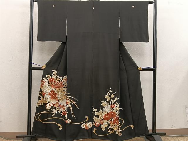 平和屋着物■豪華黒留袖　刺繍　草花文　金銀糸　正絹　逸品　BAAX5819mz