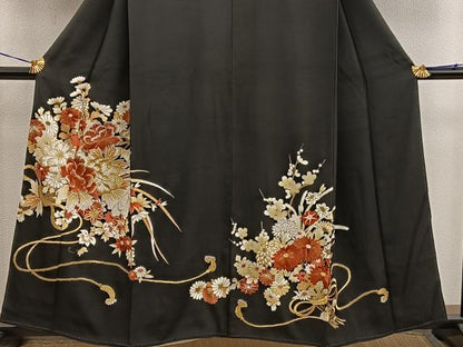 平和屋着物■豪華黒留袖　刺繍　草花文　金銀糸　正絹　逸品　BAAX5819mz