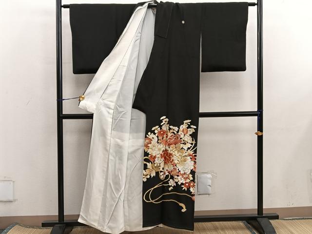 平和屋着物■豪華黒留袖　刺繍　草花文　金銀糸　正絹　逸品　BAAX5819mz