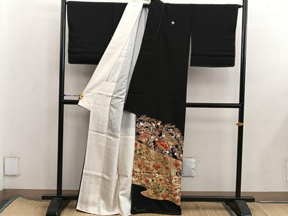 平和屋着物■豪華黒留袖　駒刺繍　扇面花文　金彩　正絹　逸品　BAAX5824mz