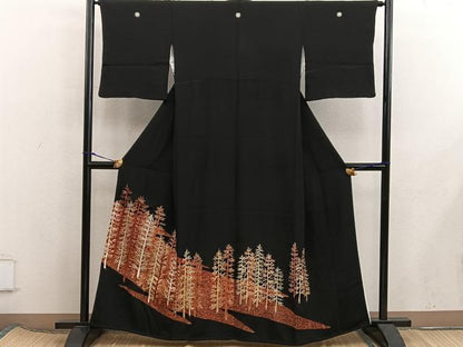 平和屋着物■豪華黒留袖　刺繍　枝葉文　金彩　正絹　逸品　BAAX5827mz