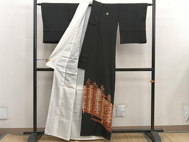 平和屋着物■豪華黒留袖　刺繍　枝葉文　金彩　正絹　逸品　BAAX5827mz