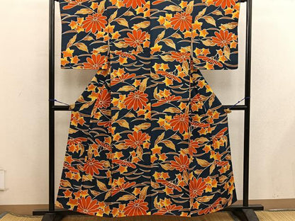 平和屋着物■上質な小紋　菊花文　ろうけつ染め　正絹　逸品　BAAX5857mz