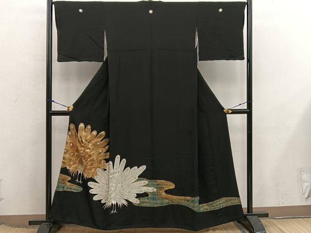 平和屋着物■豪華黒留袖　刺繍　孔雀　金彩　正絹　逸品　BAAX5860mz