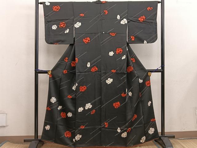 平和屋着物■上質な小紋　草花文　黒地　正絹　逸品　BAAX5877mz