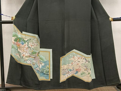 平和屋着物■豪華黒留袖　駒刺繍　孔雀花文　正絹　逸品　BAAX5915mz