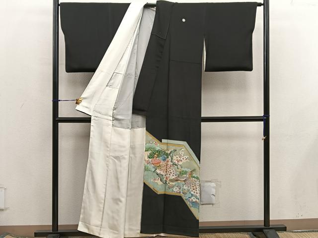 平和屋着物■豪華黒留袖　駒刺繍　孔雀花文　正絹　逸品　BAAX5915mz