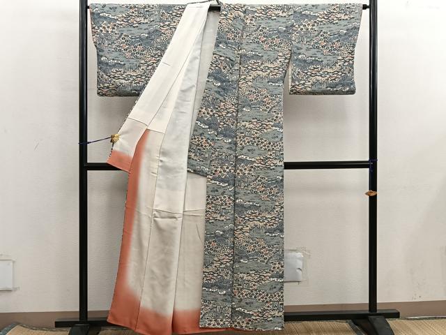 平和屋着物■上質な小紋　風景花文　鬼しぼ縮緬　正絹　逸品　BAAX5944mz
