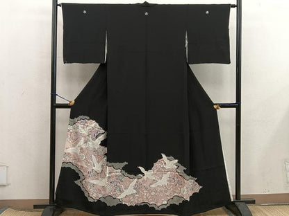平和屋着物■豪華黒留袖　刺繍　飛鶴花文　金糸　正絹　逸品　BAAX5954mz