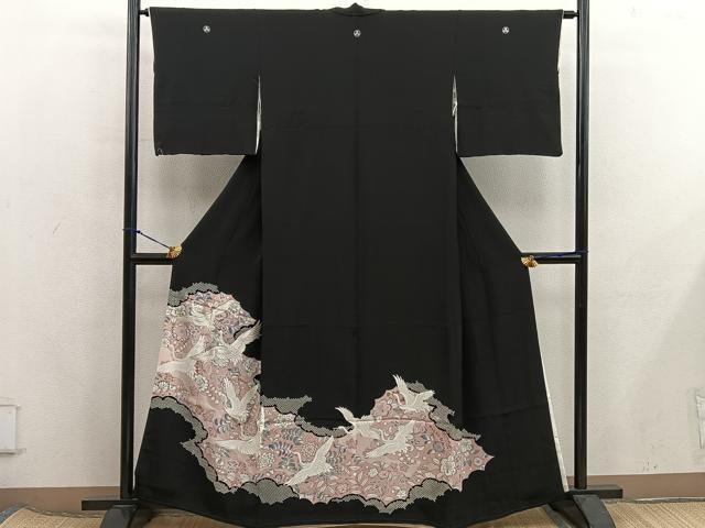 平和屋着物■豪華黒留袖　刺繍　飛鶴花文　金糸　正絹　逸品　BAAX5954mz