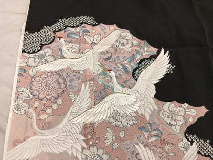 平和屋着物■豪華黒留袖　刺繍　飛鶴花文　金糸　正絹　逸品　BAAX5954mz