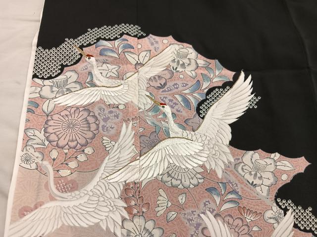 平和屋着物■豪華黒留袖　刺繍　飛鶴花文　金糸　正絹　逸品　BAAX5954mz