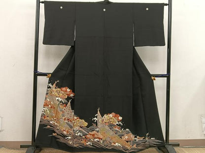 平和屋着物■豪華　黒留袖　駒刺繍　鴛鴦亀甲花文　暈し染め　金彩　正絹　逸品　BAAX5967mz