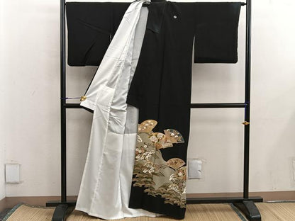 平和屋着物■豪華黒留袖　扇面鴛鴦花文　金彩　正絹　逸品　BAAX5982mz