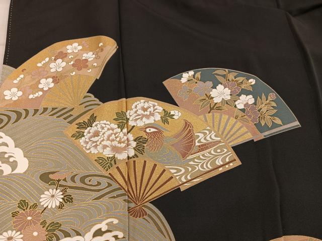 平和屋着物■豪華黒留袖　扇面鴛鴦花文　金彩　正絹　逸品　BAAX5982mz
