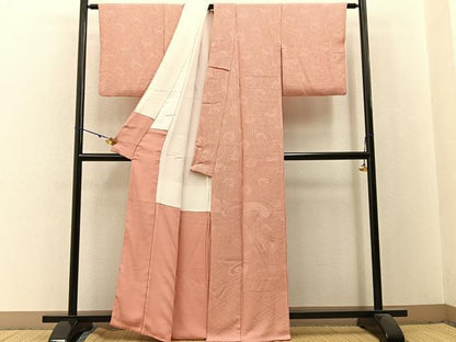 平和屋着物■無地絵羽訪問着　流水桐菊文　珊瑚色　正絹　逸品　BAAX6019hj