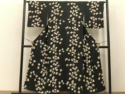 平和屋着物■上質な小紋　草葉文　黒地　正絹　逸品　BAAX6031hj