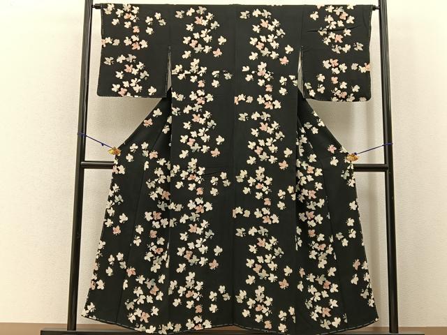 平和屋着物■上質な小紋　草葉文　黒地　正絹　逸品　BAAX6031hj