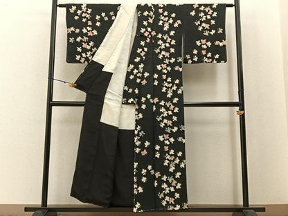 平和屋着物■上質な小紋　草葉文　黒地　正絹　逸品　BAAX6031hj