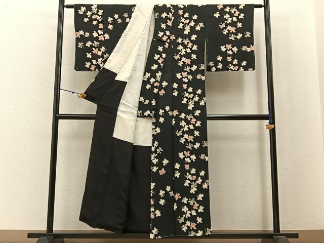 平和屋着物■上質な小紋　草葉文　黒地　正絹　逸品　BAAX6031hj