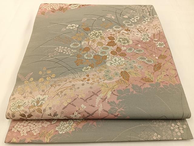 平和屋着物◎六通柄袋帯 草花文 金糸 正絹 逸品 BAAX6054hj
