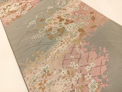 平和屋着物◎六通柄袋帯 草花文 金糸 正絹 逸品 BAAX6054hj