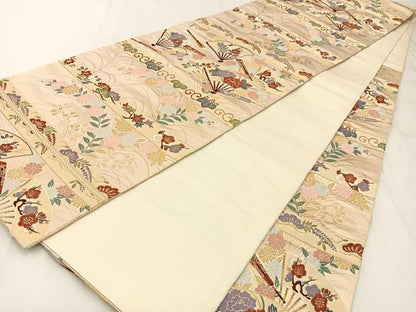 平和屋着物◎六通柄袋帯 唐織 光悦錦 シルクロード 扇面花文 金糸 正絹 逸品 未使用 BAAX6056hj